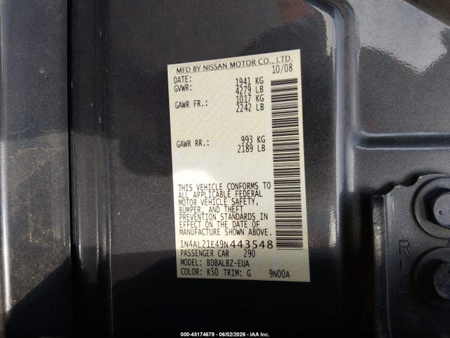 2009 Nissan Altima 2.5 S მანქანა იყიდება აუქციონზე, vin: 1N4AL21E49N443548, აუქციონის ნომერი: 45174679