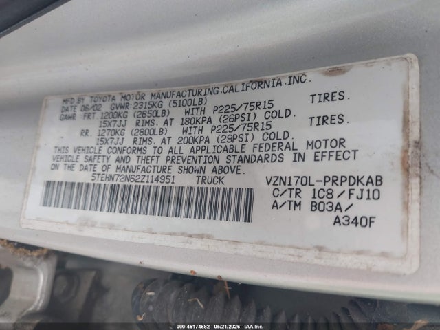 45174682 :رقم المزاد ، 5TEHN72N62Z114951 vin ، 2002 Toyota Tacoma Base V6 مزاد بيع
