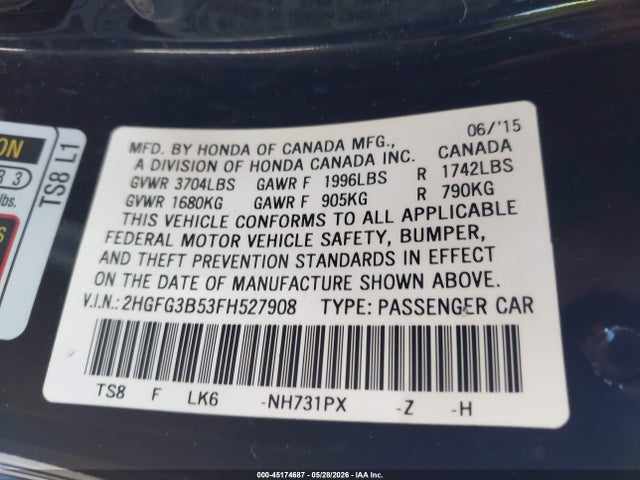 2015 Honda Civic Lx მანქანა იყიდება აუქციონზე, vin: 2HGFG3B53FH527908, აუქციონის ნომერი: 45174687