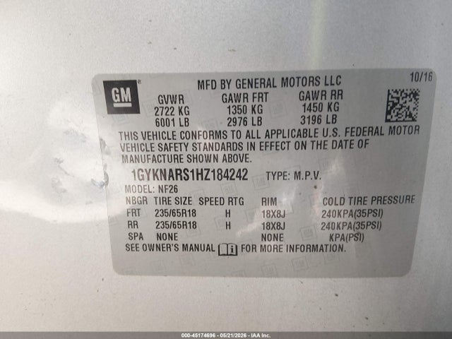 2017 Cadillac Xt5 Standard მანქანა იყიდება აუქციონზე, vin: 1GYKNARS1HZ184242, აუქციონის ნომერი: 45174696