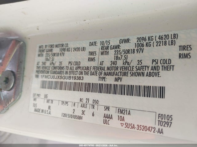 Продаж на аукціоні авто 2016 Ford Escape Titanium, vin: 1FMCU0JX5GUB19383, номер лоту: 45174700