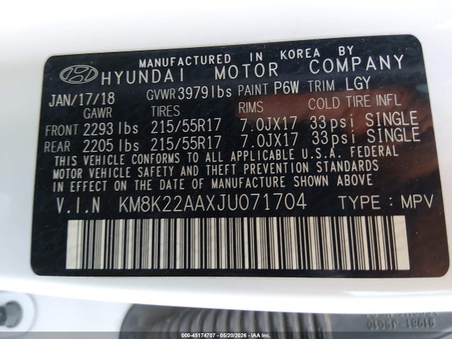 Aukcja sprzedaży 2018 Hyundai Kona Sel, vin: KM8K22AAXJU071704, numer aukcji: 45174707