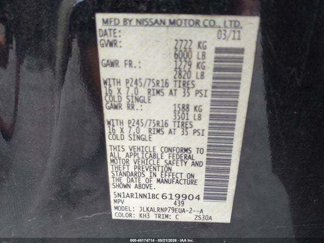 2011 Nissan Pathfinder S მანქანა იყიდება აუქციონზე, vin: 5N1AR1NN1BC619904, აუქციონის ნომერი: 45174714