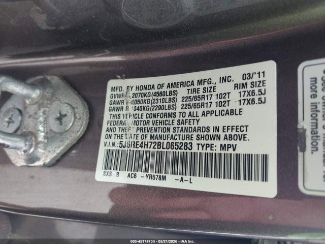 2011 Honda Cr-v Ex-l მანქანა იყიდება აუქციონზე, vin: 5J6RE4H72BL065283, აუქციონის ნომერი: 45174734