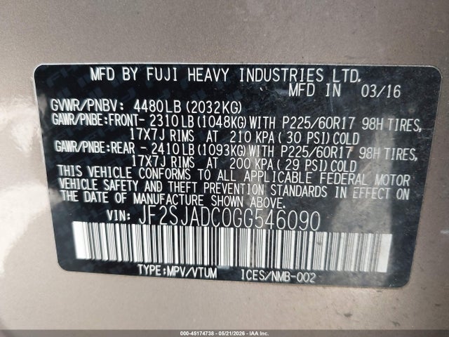 Продажа на аукционе авто 2016 Subaru Forester 2.5i Premium, vin: JF2SJADC0GG546090, номер лота: 45174738