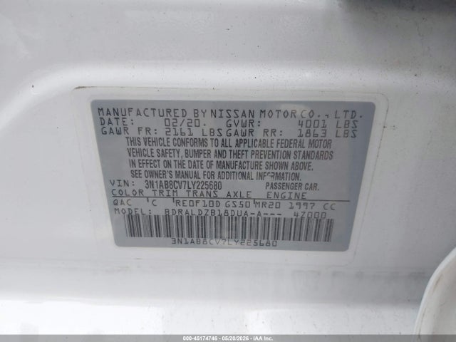45174746 :رقم المزاد ، 3N1AB8CV7LY225680 vin ، 2020 Nissan Sentra Sv Xtronic Cvt مزاد بيع