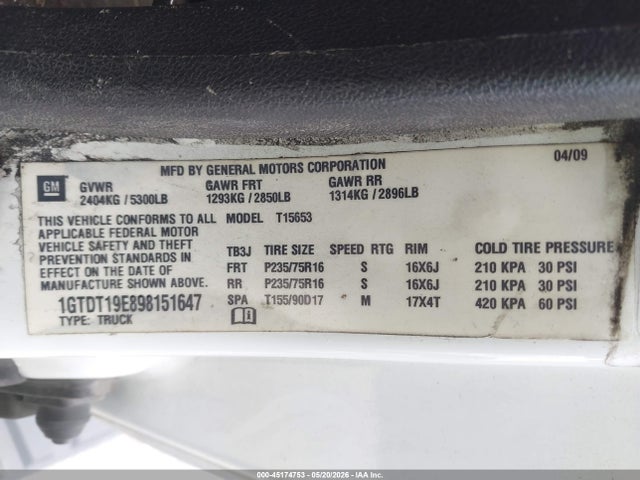 45174753 :رقم المزاد ، 1GTDT19E898151647 vin ، 2009 Gmc Canyon Work Truck مزاد بيع