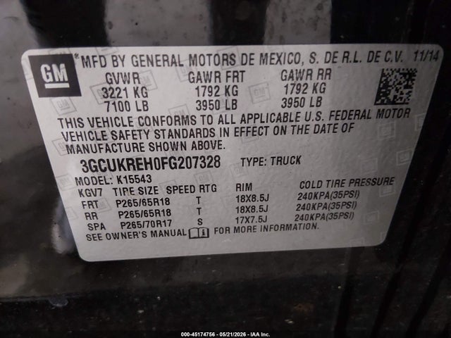 45174756 :رقم المزاد ، 3GCUKREH0FG207328 vin ، 2015 Chevrolet Silverado 1500 2lt مزاد بيع
