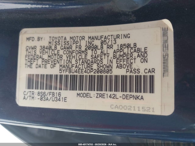 Aukcja sprzedaży 2013 Toyota Corolla Le, vin: 5YFBU4EE4DP200805, numer aukcji: 45174783
