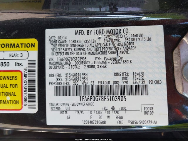 45174788 :رقم المزاد ، 1FA6P0G78F5103905 vin ، 2015 Ford Fusion S مزاد بيع