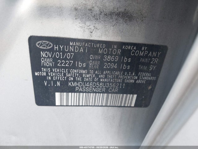 Продаж на аукціоні авто 2008 Hyundai Elantra Gls/se, vin: KMHDU46D58U356211, номер лоту: 45174789