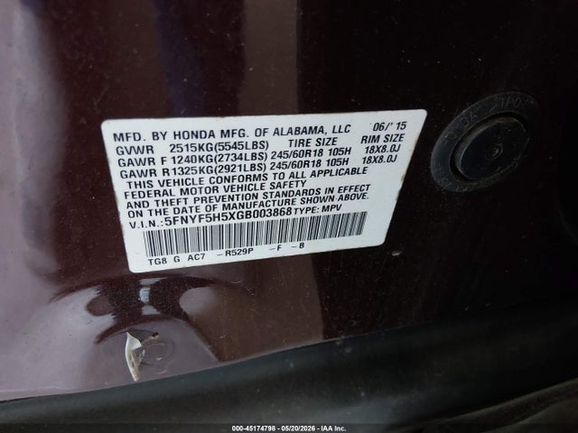 2016 Honda Pilot Ex-l მანქანა იყიდება აუქციონზე, vin: 5FNYF5H5XGB003868, აუქციონის ნომერი: 45174798