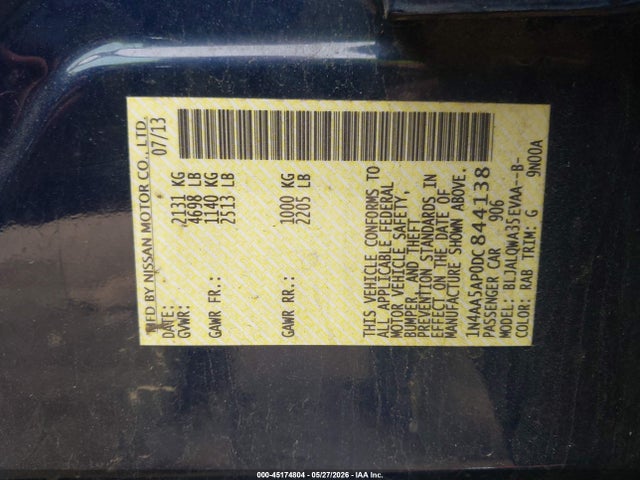 Aukcja sprzedaży 2013 Nissan Maxima 3.5 S, vin: 1N4AA5AP0DC844138, numer aukcji: 45174804