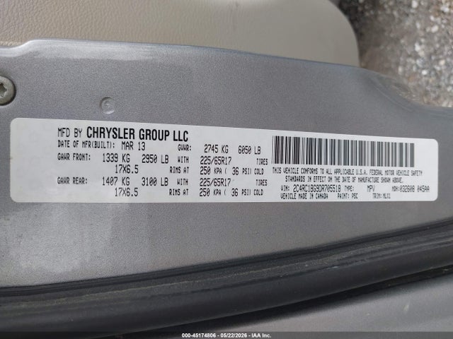2013 Chrysler Town & Country Touring მანქანა იყიდება აუქციონზე, vin: 2C4RC1BG9DR705518, აუქციონის ნომერი: 45174806