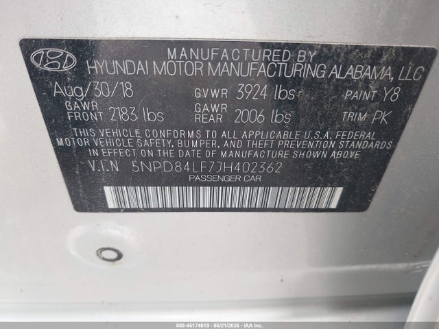 Aukcja sprzedaży 2018 Hyundai Elantra Value Edition, vin: 5NPD84LF7JH402362, numer aukcji: 45174819