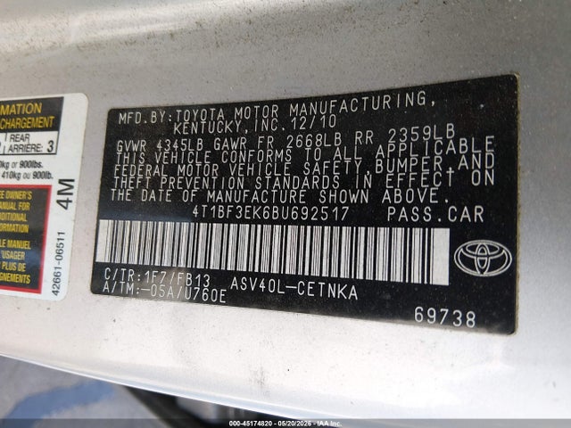 Aukcja sprzedaży 2011 Toyota Camry Le, vin: 4T1BF3EK6BU692517, numer aukcji: 45174820