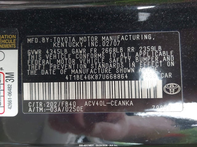 Aukcja sprzedaży 2007 Toyota Camry Le, vin: 4T1BE46K87U668864, numer aukcji: 45174831