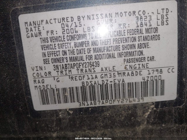 Aukcja sprzedaży 2015 Nissan Sentra Sv, vin: 3N1AB7AP0FY276439, numer aukcji: 45174834