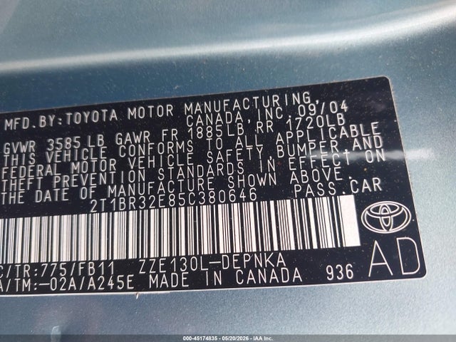 Aukcja sprzedaży 2005 Toyota Corolla Le, vin: 2T1BR32E85C380646, numer aukcji: 45174835