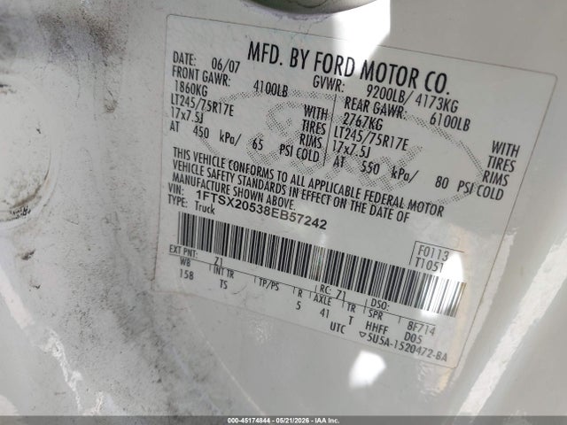 45174844 :رقم المزاد ، 1FTSX20538EB57242 vin ، 2008 Ford F-250 Lariat/xl/xlt مزاد بيع