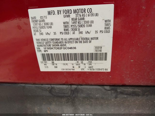 Продаж на аукціоні авто 2015 Ford Explorer Xlt, vin: 1FM5K7D82FGC04836, номер лоту: 45174858