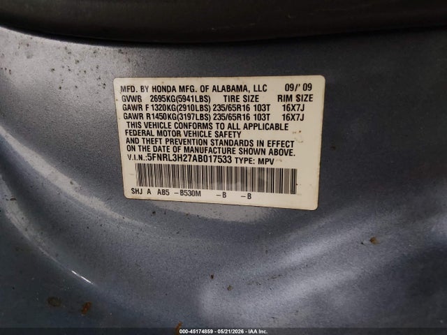 2010 Honda Odyssey Lx მანქანა იყიდება აუქციონზე, vin: 5FNRL3H27AB017533, აუქციონის ნომერი: 45174859