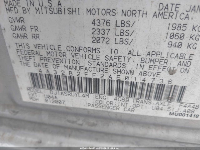 45174860 :رقم المزاد ، 4A32B2FF2AE014736 vin ، 2010 Mitsubishi Galant Fe مزاد بيع