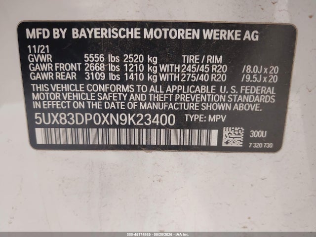 BMW X3 M40i 2022 5UX83DP0XN9K23400 Image 9