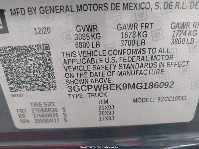 3GCPWBEK9MG186092 Chevrolet Silverado 1500 2wd Short Bed Custom