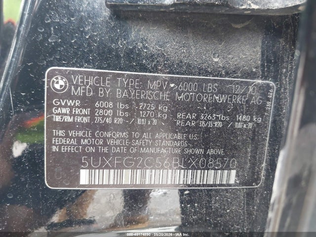 2011 Bmw X6 Xdrive35i მანქანა იყიდება აუქციონზე, vin: 5UXFG2C56BLX08570, აუქციონის ნომერი: 45174890