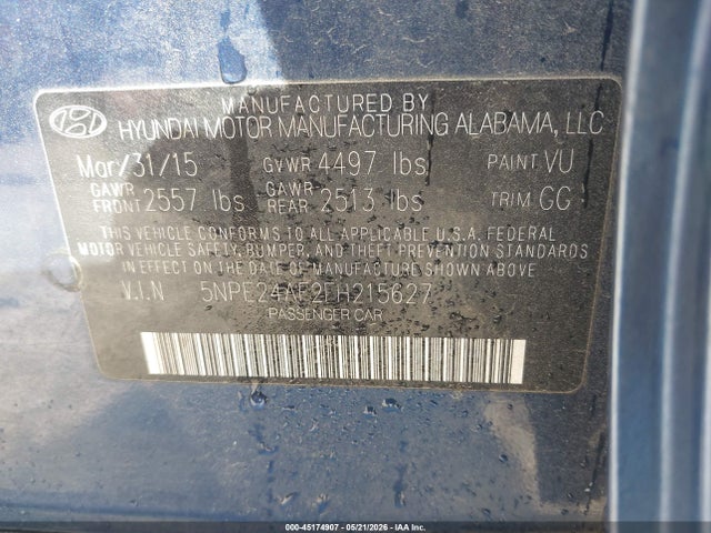 45174907 :رقم المزاد ، 5NPE24AF2FH215627 vin ، 2015 Hyundai Sonata Se مزاد بيع