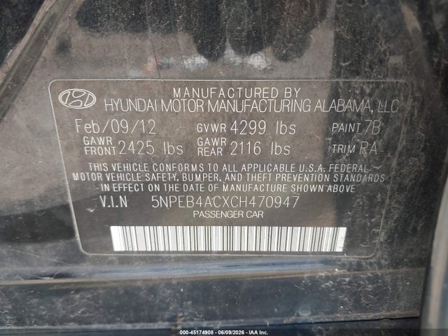 2012 Hyundai Sonata Gls მანქანა იყიდება აუქციონზე, vin: 5NPEB4ACXCH470947, აუქციონის ნომერი: 45174908