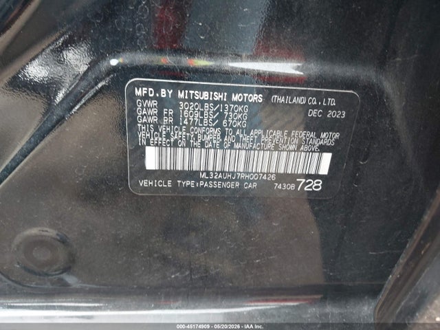 Aukcja sprzedaży 2024 Mitsubishi Mirage Es/le, vin: ML32AUHJ7RH007426, numer aukcji: 45174909