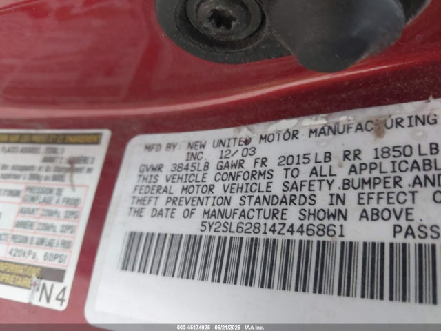 2004 Pontiac Vibe მანქანა იყიდება აუქციონზე, vin: 5Y2SL62814Z446861, აუქციონის ნომერი: 45174925