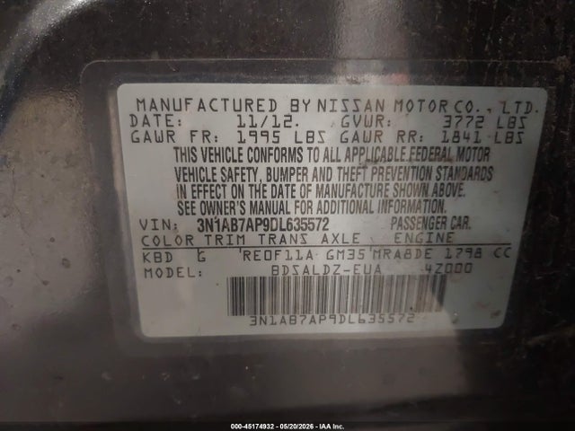 Aukcja sprzedaży 2013 Nissan Sentra Sv, vin: 3N1AB7AP9DL635572, numer aukcji: 45174932