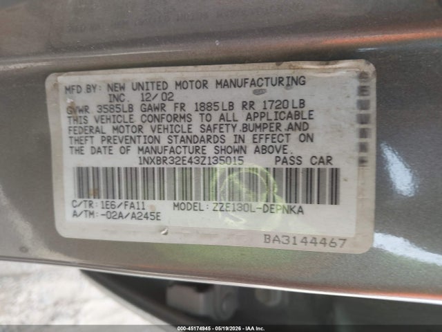 Продажа на аукционе авто 2003 Toyota Corolla Le, vin: 1NXBR32E43Z135015, номер лота: 45174945