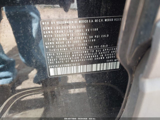 45174946 :رقم المزاد ، 3VV2B7AX0NM070014 vin ، 2022 Volkswagen Tiguan 2.0t Se مزاد بيع