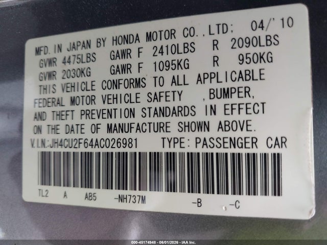 2010 Acura Tsx 2.4 მანქანა იყიდება აუქციონზე, vin: JH4CU2F64AC026981, აუქციონის ნომერი: 45174948