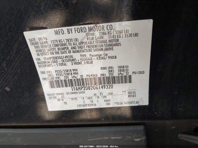 Продажа на аукционе авто 2016 Ford Taurus Se, vin: 1FAHP2D82GG149320, номер лота: 45174961