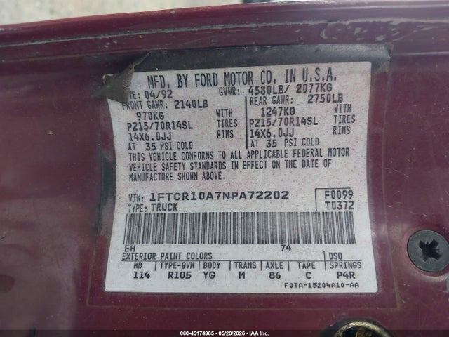 Продажа на аукционе авто 1992 Ford Ranger, vin: 1FTCR10A7NPA72202, номер лота: 45174965