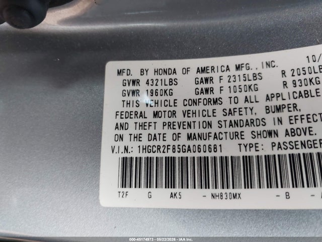 45174973 :رقم المزاد ، 1HGCR2F85GA060681 vin ، 2016 Honda Accord Ex-l مزاد بيع