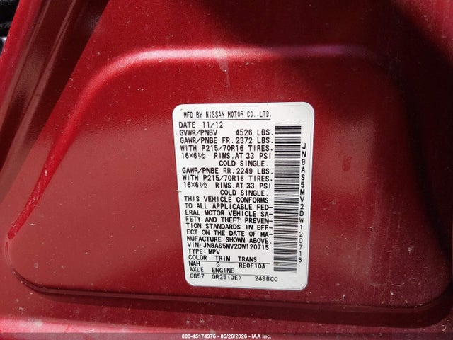 45174976 :رقم المزاد ، JN8AS5MV2DW120715 vin ، 2013 Nissan Rogue S مزاد بيع