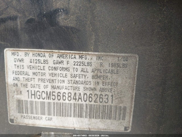 Aukcja sprzedaży 2004 Honda Accord 2.4 Ex, vin: 1HGCM56684A062631, numer aukcji: 45174983