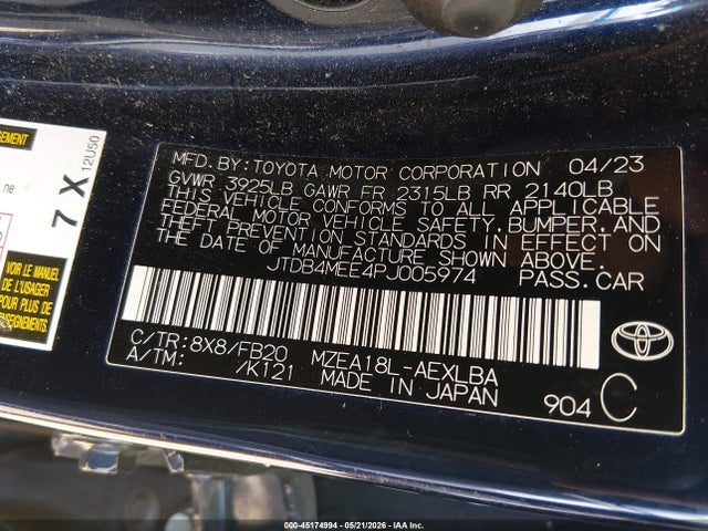 Продаж на аукціоні авто 2023 Toyota Corolla Le, vin: JTDB4MEE4PJ005974, номер лоту: 45174994