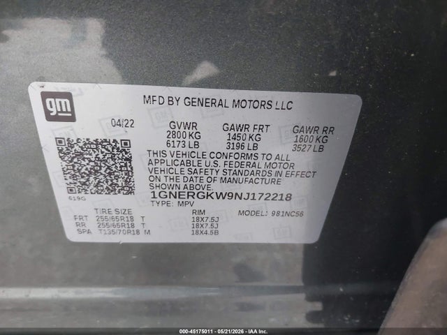 Aukcja sprzedaży 2022 Chevrolet Traverse Fwd Lt Cloth, vin: 1GNERGKW9NJ172218, numer aukcji: 45175011