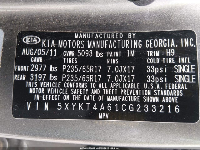 Aukcja sprzedaży 2012 Kia Sorento Lx, vin: 5XYKT4A61CG233216, numer aukcji: 45175017