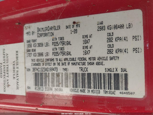 Aukcja sprzedaży 1999 Dodge Ram 1500 St, vin: 3B7HC13Z3XG168473, numer aukcji: 45175021