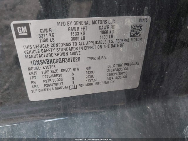 Aukcja sprzedaży 2016 Chevrolet Tahoe Lt, vin: 1GNSKBKC9GR367028, numer aukcji: 45175025