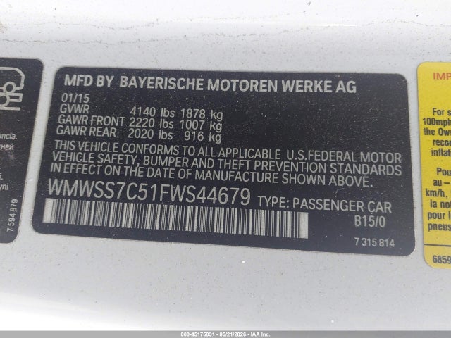 45175031 :رقم المزاد ، WMWSS7C51FWS44679 vin ، 2015 Mini Paceman Cooper S مزاد بيع