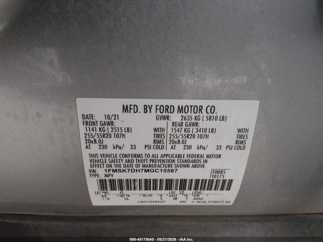 Ford EXPLORER XLT 2021 1FMSK7DH7MGC15587 Image 9